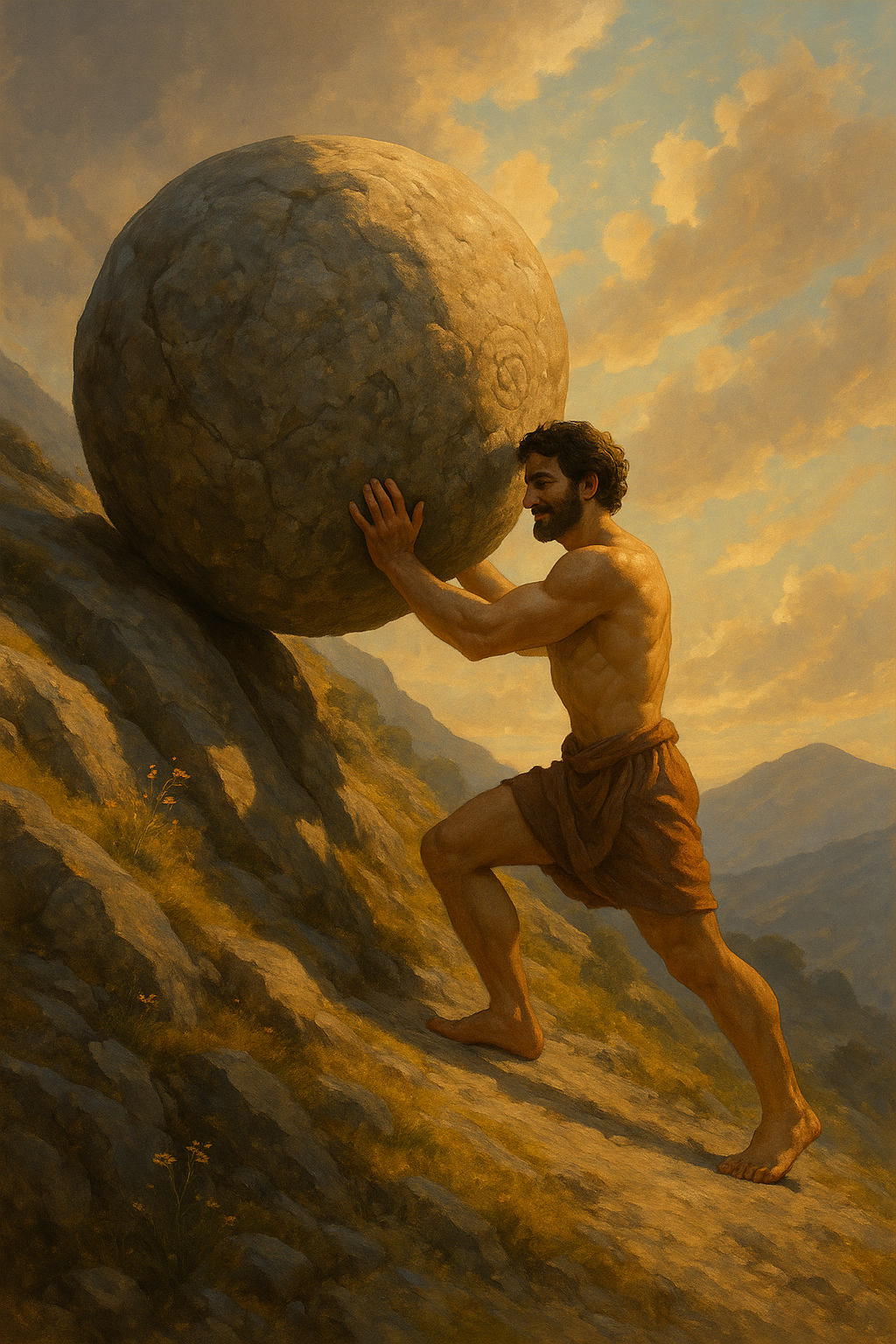 Sisyphus pushing a boulder uphill, symbolizing purpose in continuous effort.